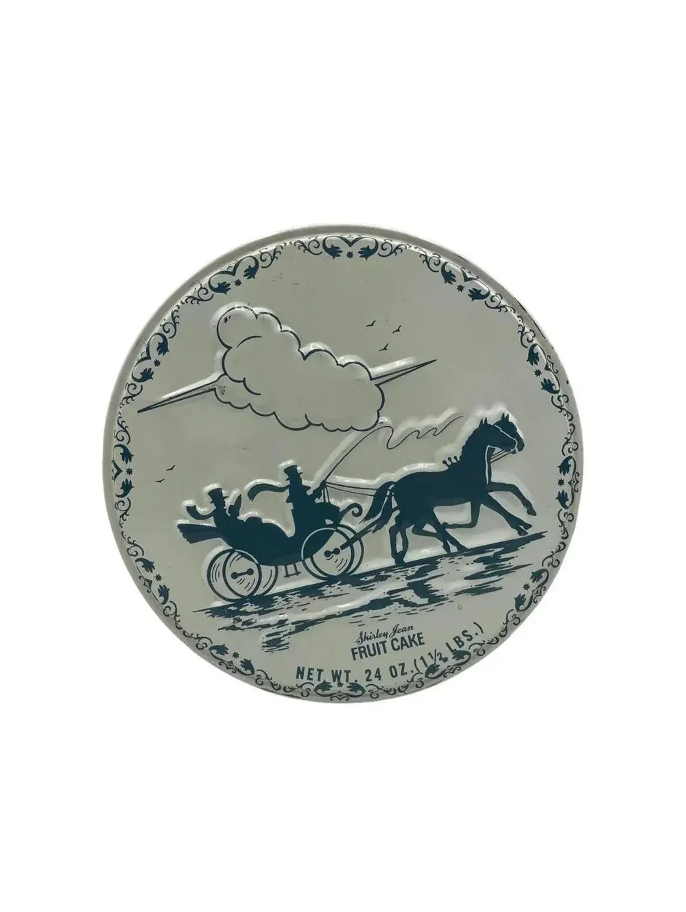 Vintage Shirley Jean Fruitcake Tin: Embossed Victorian Winter Scene